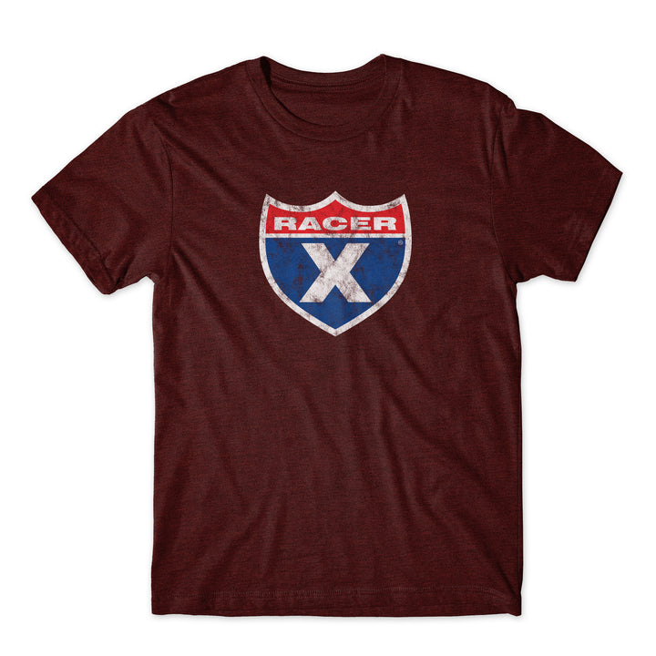 Burgundy Distressed Color Shield Tee