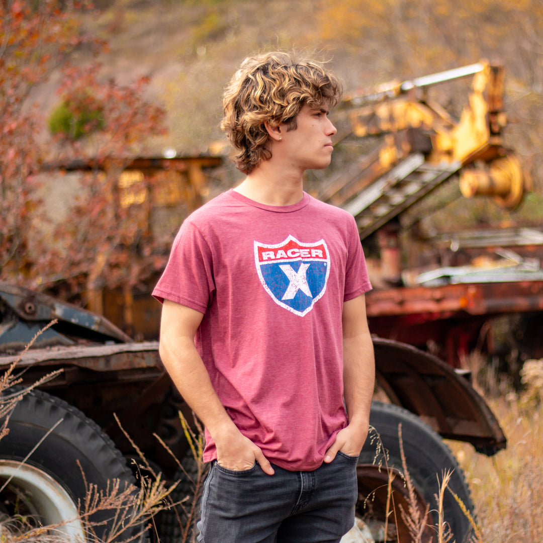 Burgundy Distressed Color Shield Tee