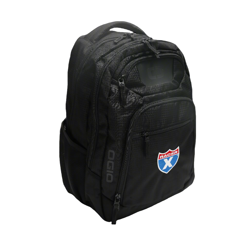Black backpack with a logo on a white background