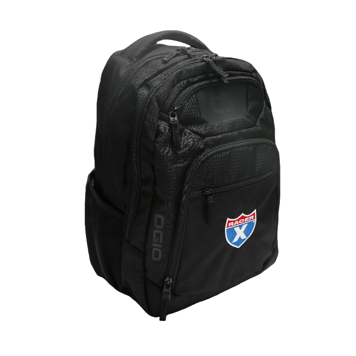 Black backpack with a logo on a white background